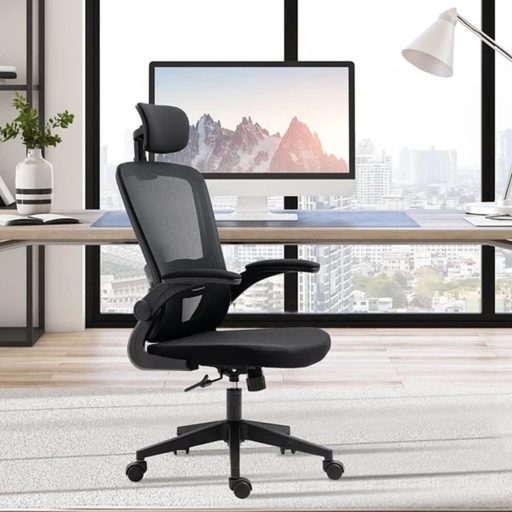 Ergonomiczny fotel biurowy z podparciem lędźwiowym i zagłówkiem, czarny