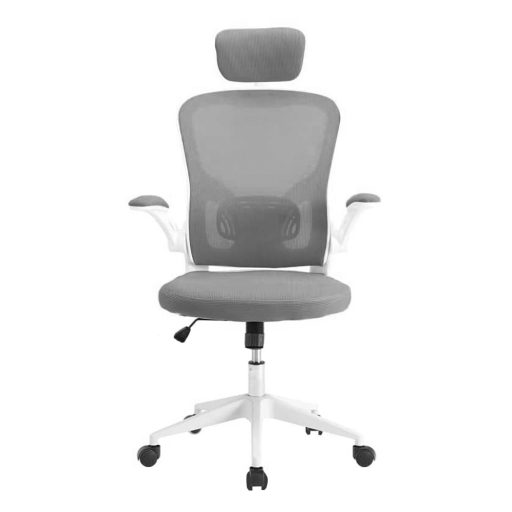 Ergonomiczny fotel biurowy z podparciem lędźwiowym i zagłówkiem, szary