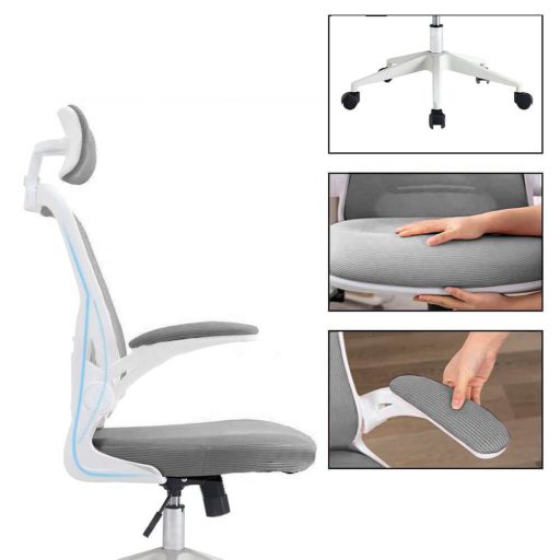 Ergonomiczny fotel biurowy z podparciem lędźwiowym i zagłówkiem, szary
