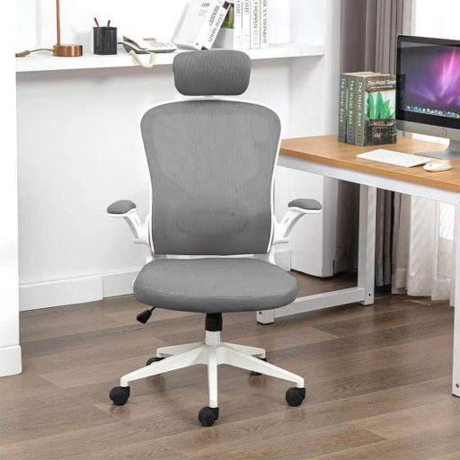 Ergonomiczny fotel biurowy z podparciem lędźwiowym i zagłówkiem, szary