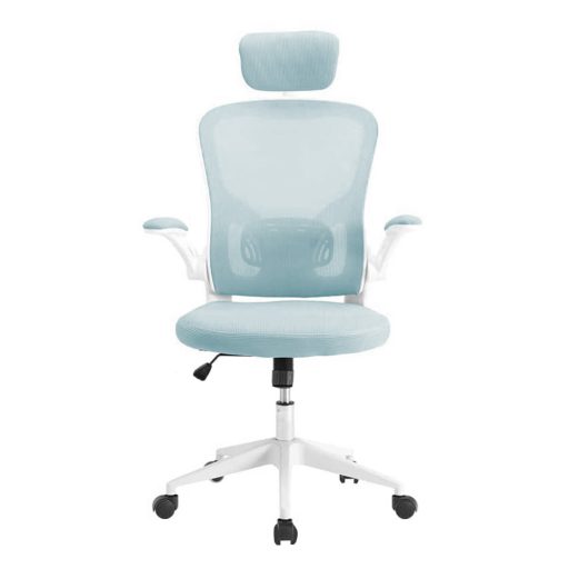 Ergonomiczny fotel biurowy z podparciem lędźwiowym i zagłówkiem, jasnoniebieski