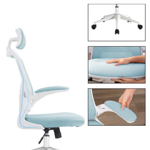 Ergonomiczny fotel biurowy z podparciem lędźwiowym i zagłówkiem, jasnoniebieski