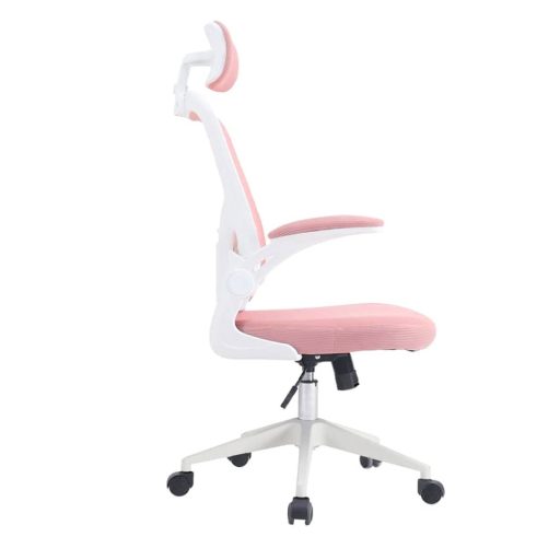 Ergonomiczny fotel biurowy z podparciem lędźwiowym i zagłówkiem, różowy