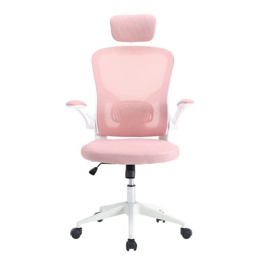 Ergonomiczny fotel biurowy z podparciem lędźwiowym i zagłówkiem, różowy