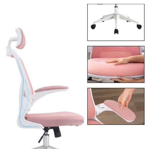 Ergonomiczny fotel biurowy z podparciem lędźwiowym i zagłówkiem, różowy