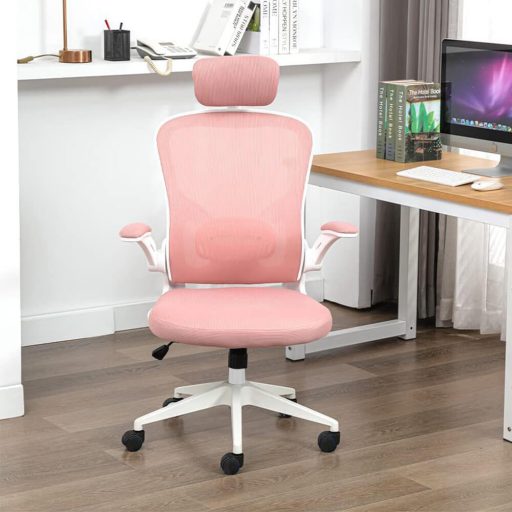 Ergonomiczny fotel biurowy z podparciem lędźwiowym i zagłówkiem, różowy