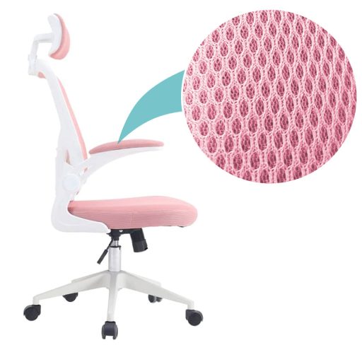 Ergonomiczny fotel biurowy z podparciem lędźwiowym i zagłówkiem, różowy